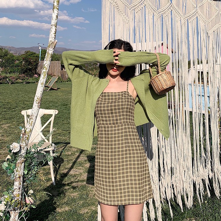 Đầm Hai Dây Sọc Ca Rô Hở Lưng Quyến Rũ Cho Nữ