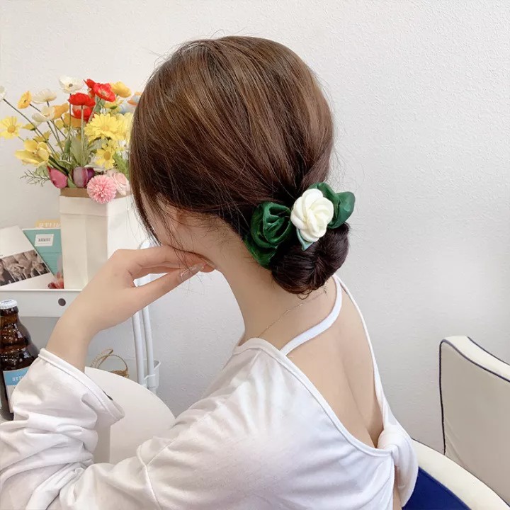 Dây Cột Tóc In Họa Tiết Hoa Hồng Trắng Phong Cách Hàn Quốc Thời Trang Xinh Xắn Cho Nữ
