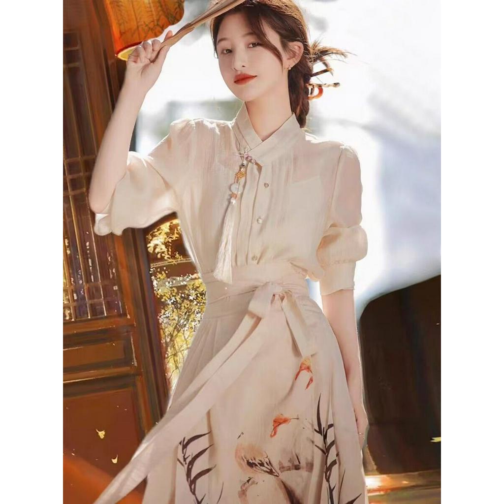 Set váy Tân Trung Hoa Quốc Phong Nữ Trang Cải Tiến Hán Phục cho Thiếu Nữ , váy áo nữ dáng sơ mi cao cấp