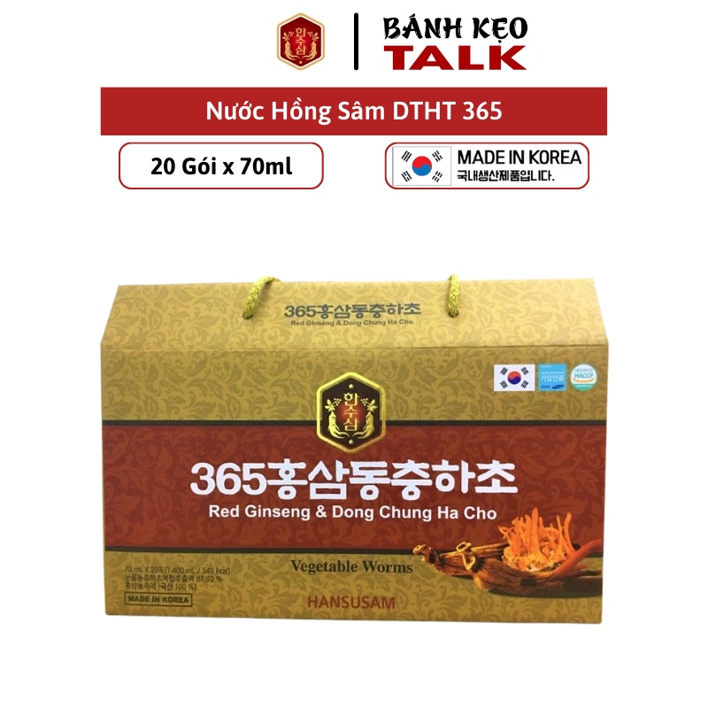 Nước Hồng Sâm Đông Trùng Hạ Thảo 365 HANSUSAM, Hộp 20 gói x 70ml,Chính hãng Sâm Hàn Quốc, Date 2024