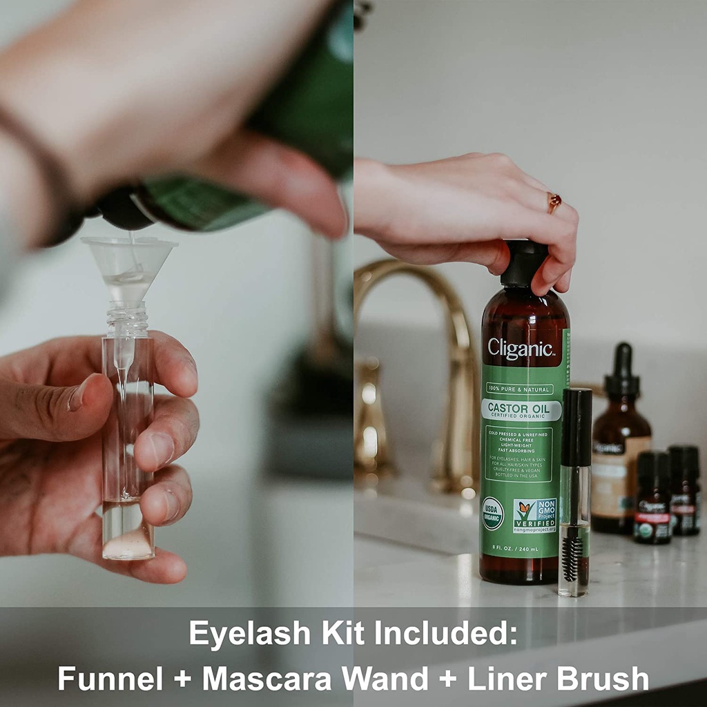 Dầu thầu dầu hữu cơ Cliganic USDA Organic Castor Oil Dùng cho Lông mi, Lông mày, Tóc & Da 100% 240ml