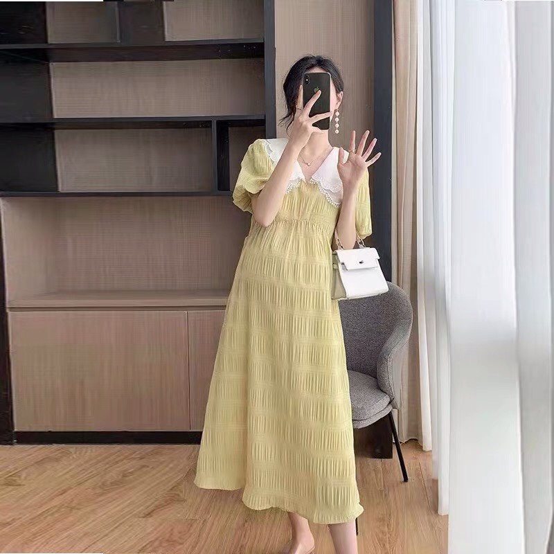 Váy đầm bầu cổ bèo thiết kế công sở, dự tiệc cho mẹ bầu phong cách hàn quốc sang trọng lịch sự mới mùa hè