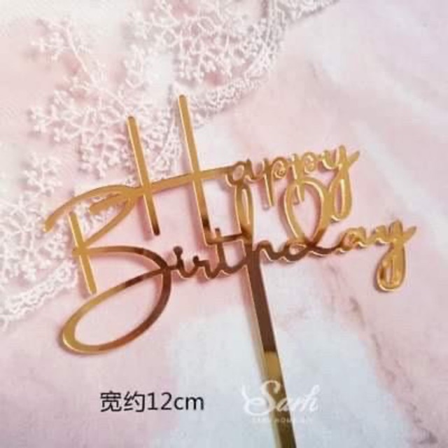 10 que cắm chữ mica Happy Birthday chúc mừng sinh nhật màu vàng trang trí bánh