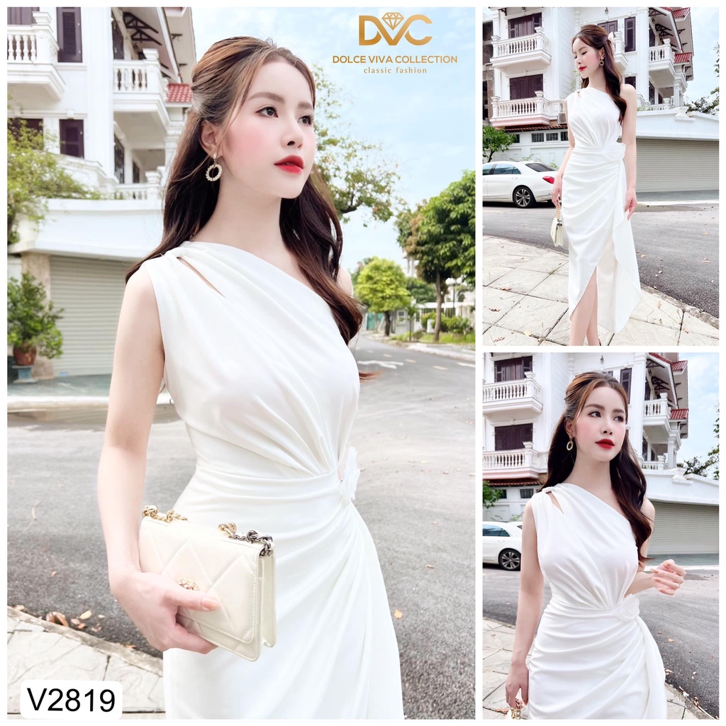 Váy trắng dáng body lệch vai nhún eo sang chảnh V2819