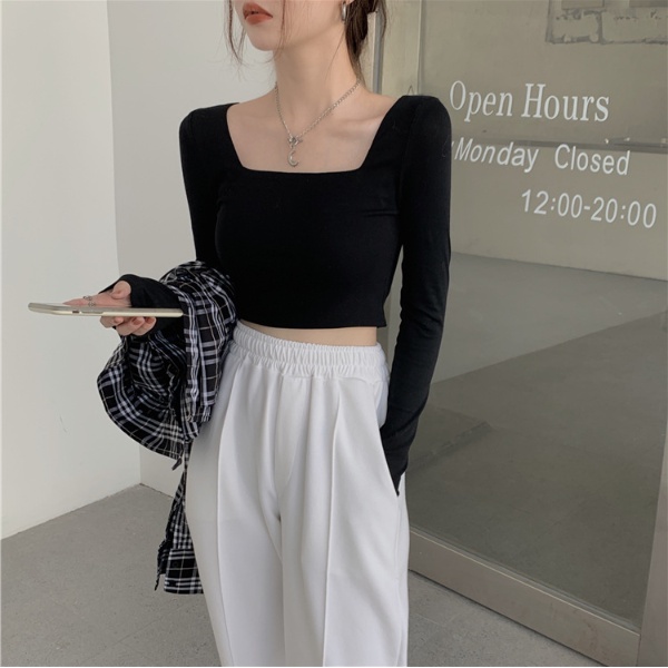 WANGJIAOZHAN Áo thun croptop dài tay cổ vuông màu trơn co giãn phong cách Hàn Quốc 3 màu lựa chọn