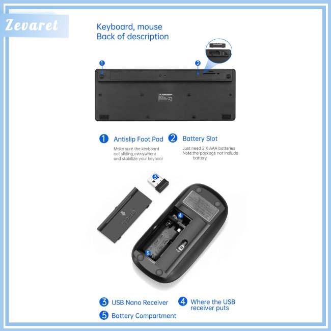 Bộ Chuột Và Bàn Phím Không Dây Zevaret 2.4g 10m Cổng Usb