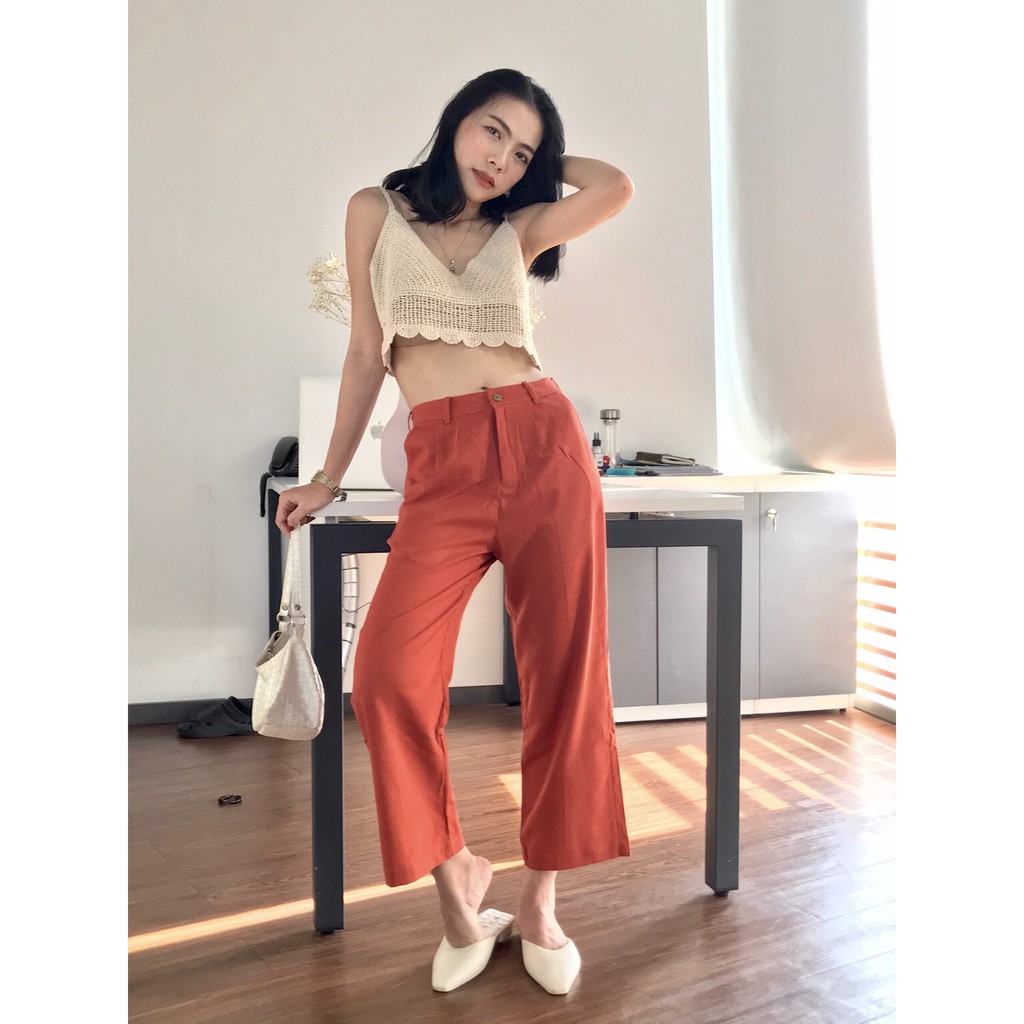 Quần tây linen cam đất/navy - Mé Hè