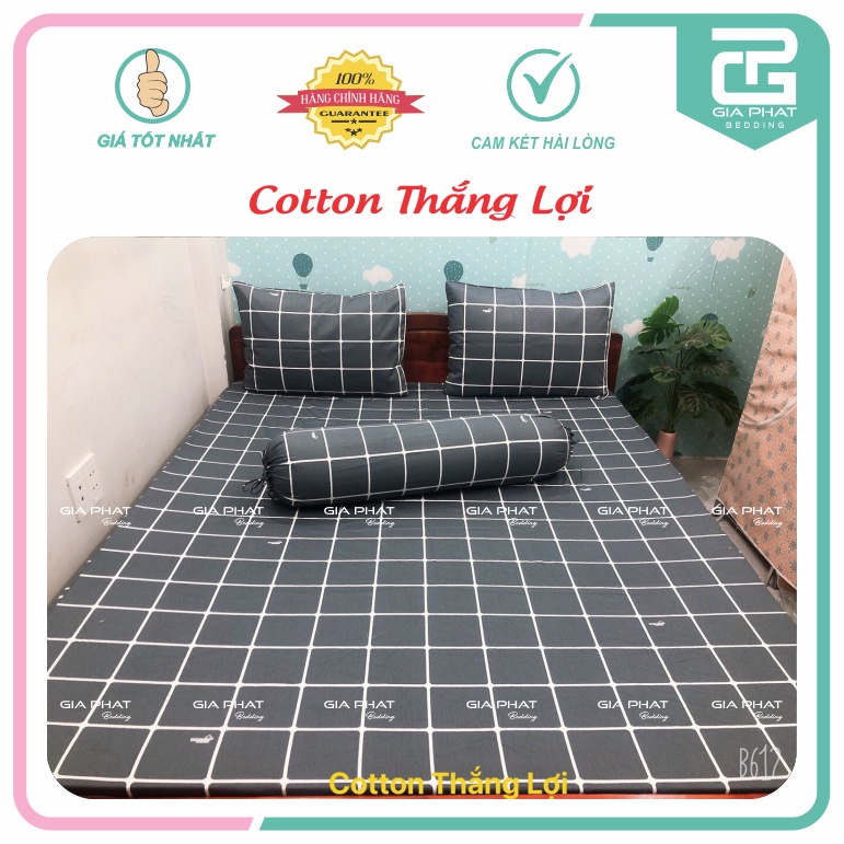 Bộ ga gối Thắng Lợi {4 món}100% Cotton chuẩn logo họa tiết Sọc Vuông