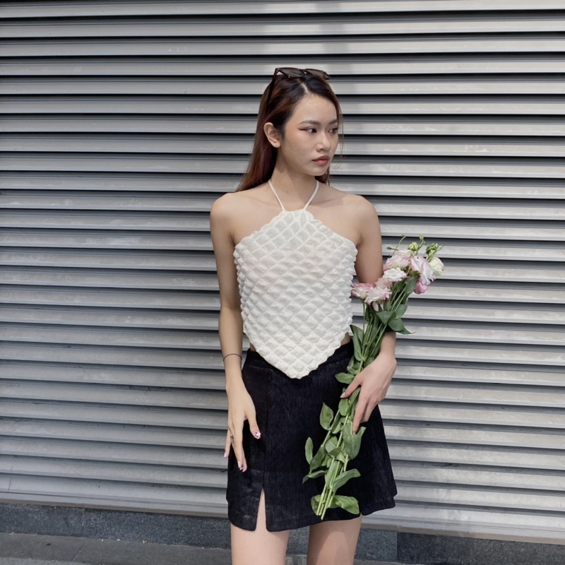 Áo croptop yếm cột dây 2 lớp có mút ngực Knit Camisole