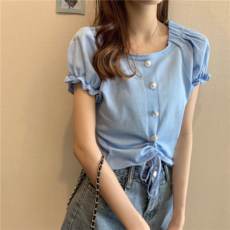 B&amp;G Áo Kiểu Vải Lụa Lạnh Xếp Ly Tay Phồng Phối Dây Rút Phong Cách Pháp Cổ Điển Thời Trang Mùa Hè Cho Nữ Áo phông Nữ JL-TX-124