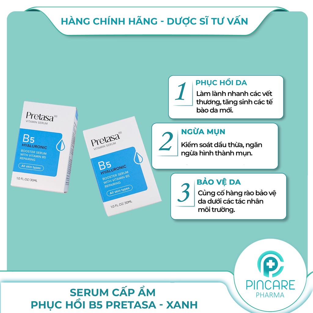 Serum cấp ẩm phục hồi da Pretasa B5 Niacinamide Serum (Xanh) - Hàng Chính Hãng - Nhà Thuốc PinCare