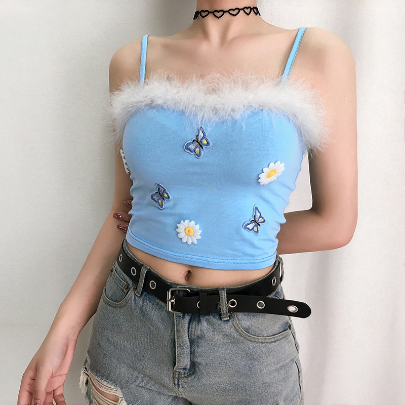 Sexy Women Slim Sling Butterfly Flower Embroidery Tops Off Shoulder Sleeveless Street Camisole