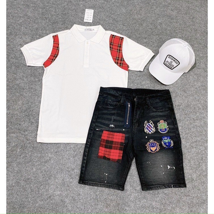Quần short jean nam màu xám đậm thêu logo phối caro dây kéo vải dày dặn co giãn bốn chiều cao cấp form regular 3001
