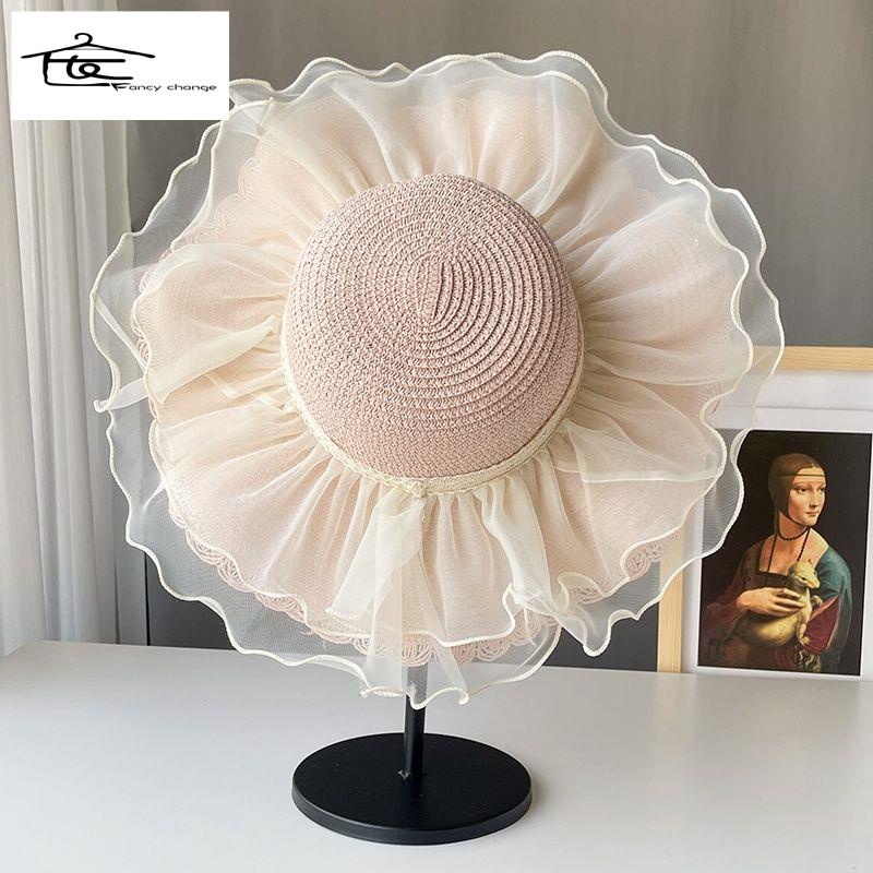 Nón Cói Rộng Vành Phối Lưới Thời Trang Đi Biển Mùa Hè Cho Mẹ Và Bé