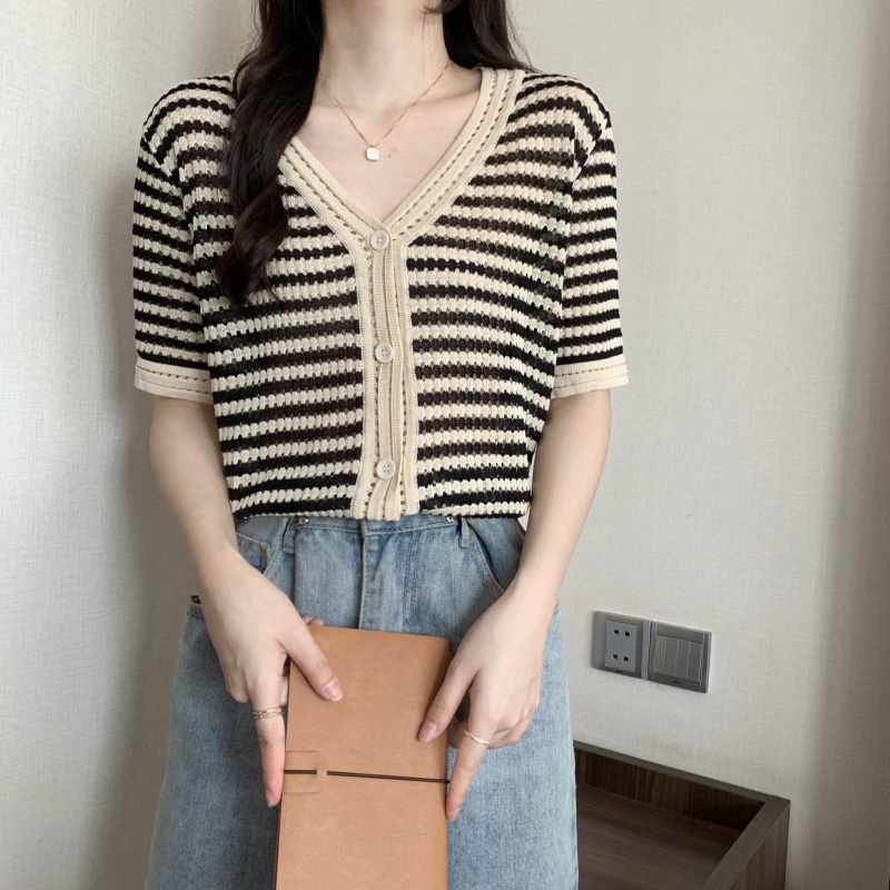 Áo thun ZHELIHANGFEI tay ngắn cổ chữ V họa tiết kẻ sọc thời trang cho nữ