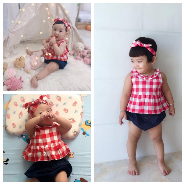 Bộ đồ MIKRDOO gồm áo không tay và quần denim phối băng đô xinh xắn đáng yêu dành cho bé gái