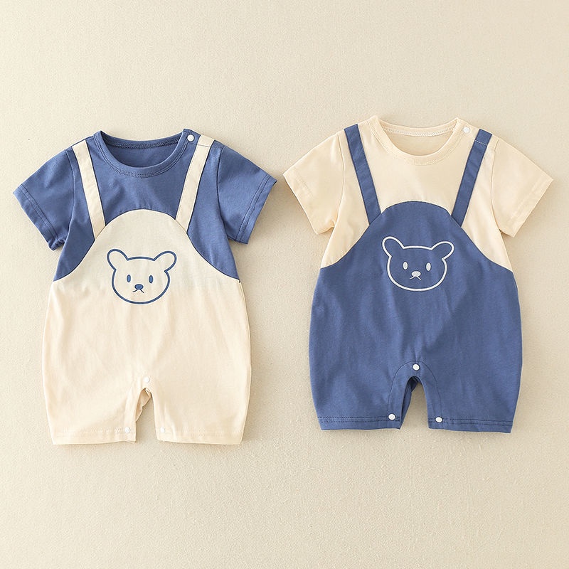 Áo Liền Quần Bằng Cotton Tay Ngắn In Họa Tiết Gấu Dễ Thương Thời Trang Mùa Hè Cho Bé Sơ Sinh 0-2 Tuổi