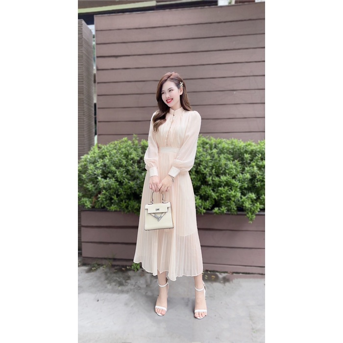 V165 Váy voan kem dài tay dập ly nữ tính - DVC&ACC