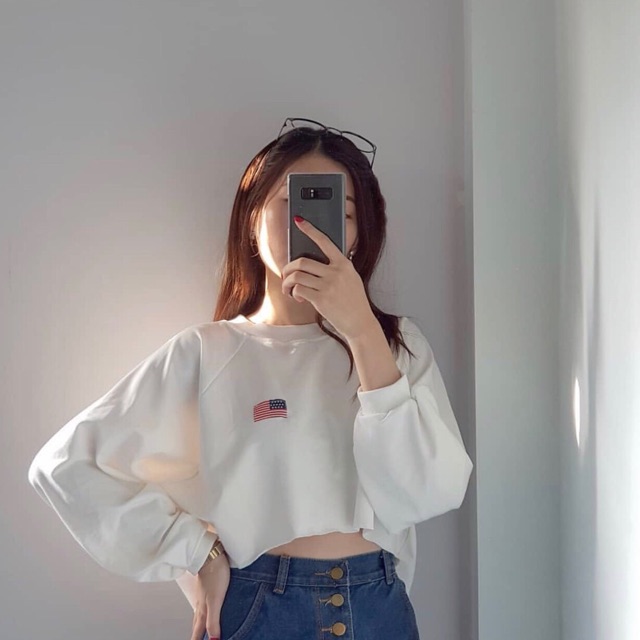 Áo croptop dài tay cờ mỹ tay bồng dáng thụng