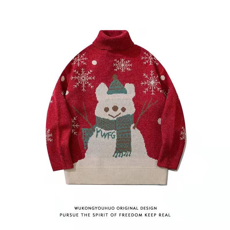 Áo sweater cổ cao tay dài dáng rộng họa tiết Giáng sinh thời trang cho cặp đôi