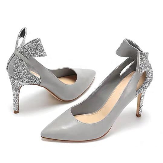 Giày cao gót DAPHNE xuất xin da mềm xám phối kim sa bạc lấp lánh gót nơ cut-out
