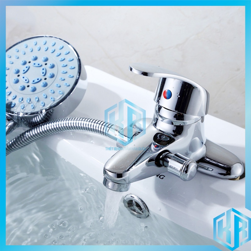 Vòi chậu rửa liền sen nóng lạnh, vòi lavabo liền vòi sen tăng áp 2 chân nóng lạnh bằng đồng mạ Niken màu Bạc cao cấp