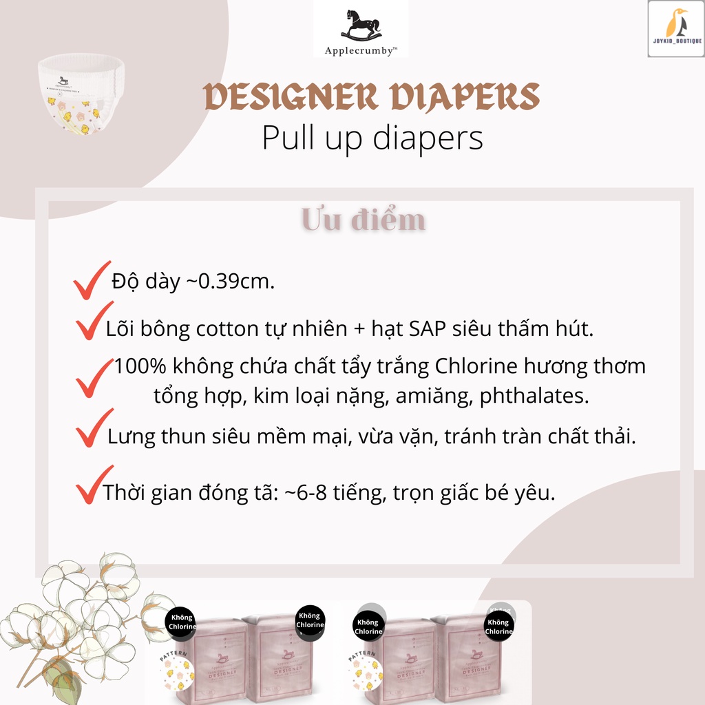 [Bản giới hạn] Tã/bỉm dán/quần đêm Applecrumby Premium Designer Pull up Diapers S/M/L/XL/XXL 16-20 miếng