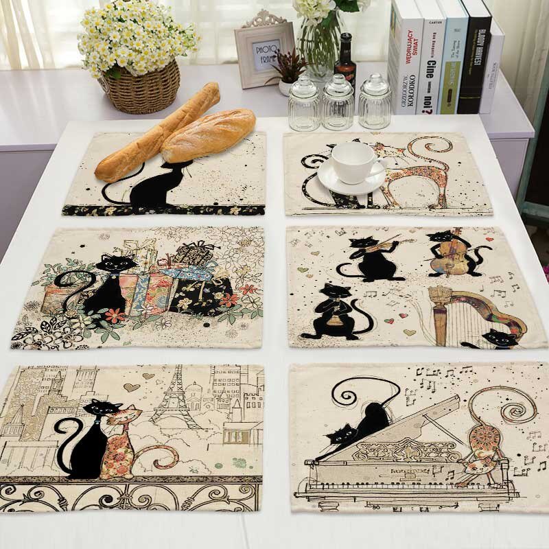 Thảm Lót Bàn Ăn Bằng Cotton Lanh Họa Tiết Mèo Dễ Thương 42*32cm MA0125