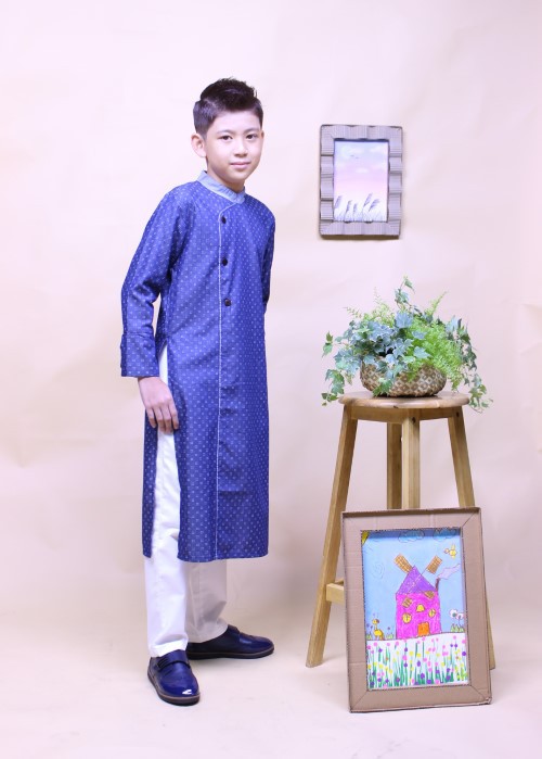 Áo dài bé trai denim chấm Jadiny