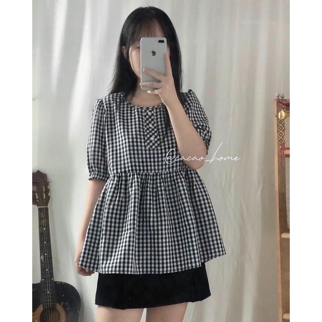 Áo babydoll caro 9 màu tay phồng vải katê thoáng mát tặng kèm scrunchie cùng màu