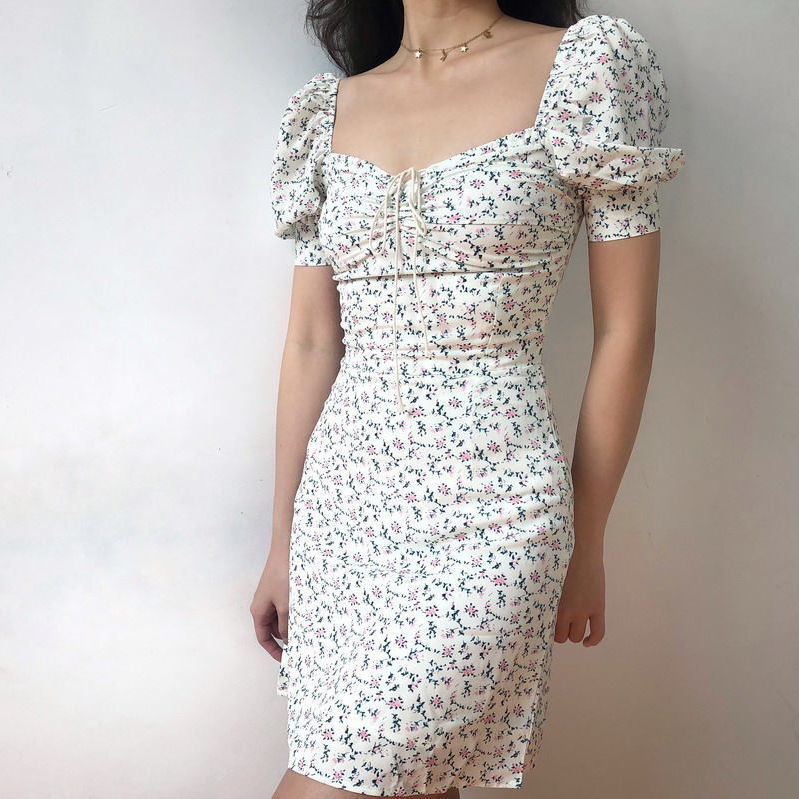 New Snapping up&Spring and Summer Chiffon Floral Dress New French Style Retro Square Collar Lace-up Puff Sleeve Slimming Cinched Short Dress | BigBuy360 - bigbuy360.vn
