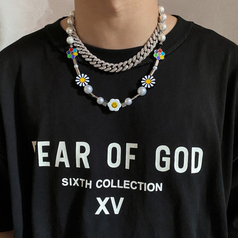 Vòng Cổ Mặt Hình Hoa Cúc Đính Ngọc Trai Sang Trọng Theo Phong Cách Hip Hop Cá Tính