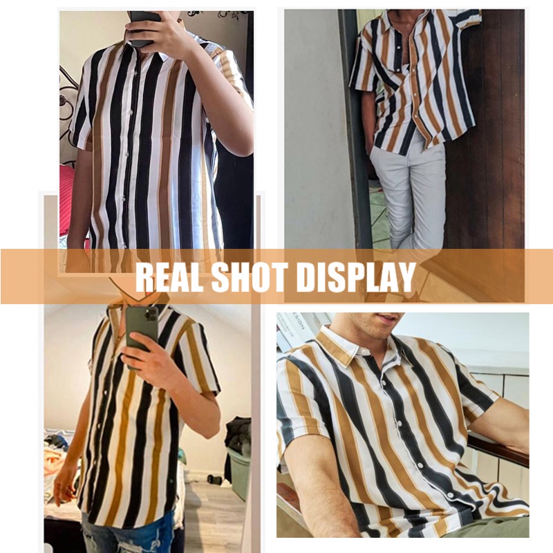 Áo Sơ Mi Nam Ngắn Tay Cổ Bẻ Dáng Rộng Họa Tiết Sọc Dọc Màu Tương Phản Plus Size Đen / Đỏ / Nâu / Xanh Lá / Xanh Dương