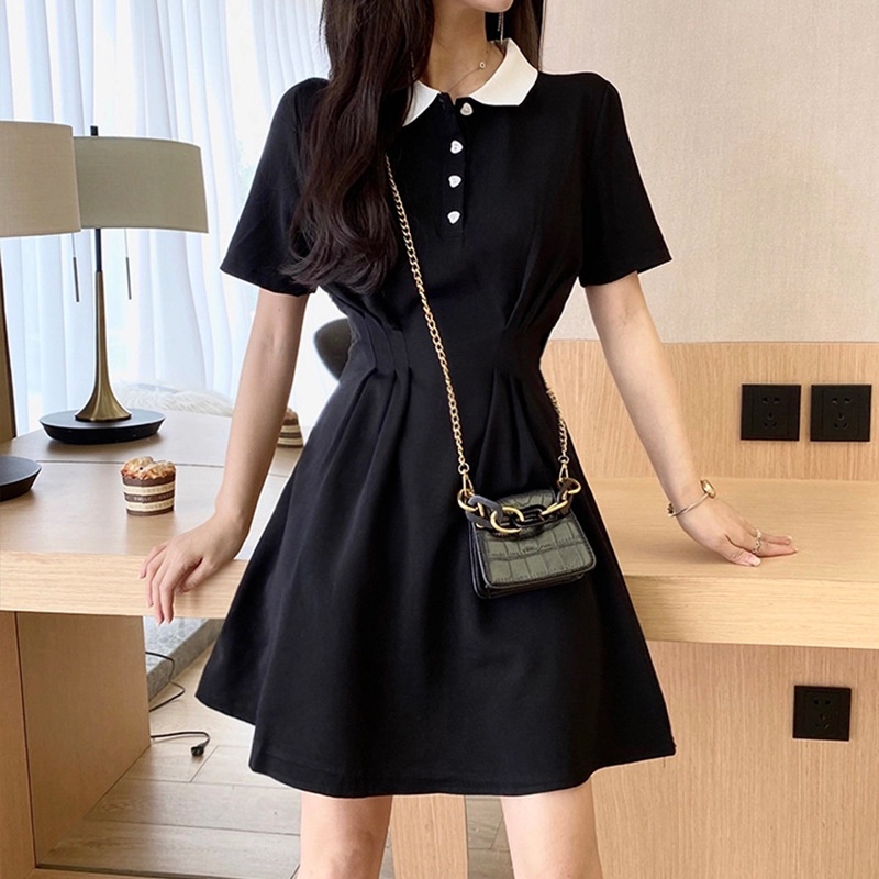 Váy nữ đầm nữ đen cổ sơ mi chiết eo dáng xòe V04 | BigBuy360 - bigbuy360.vn