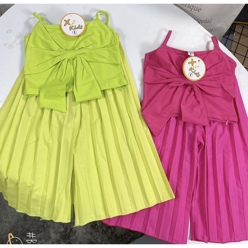 Bộ áo nơ ngực quần dập ly bé gái