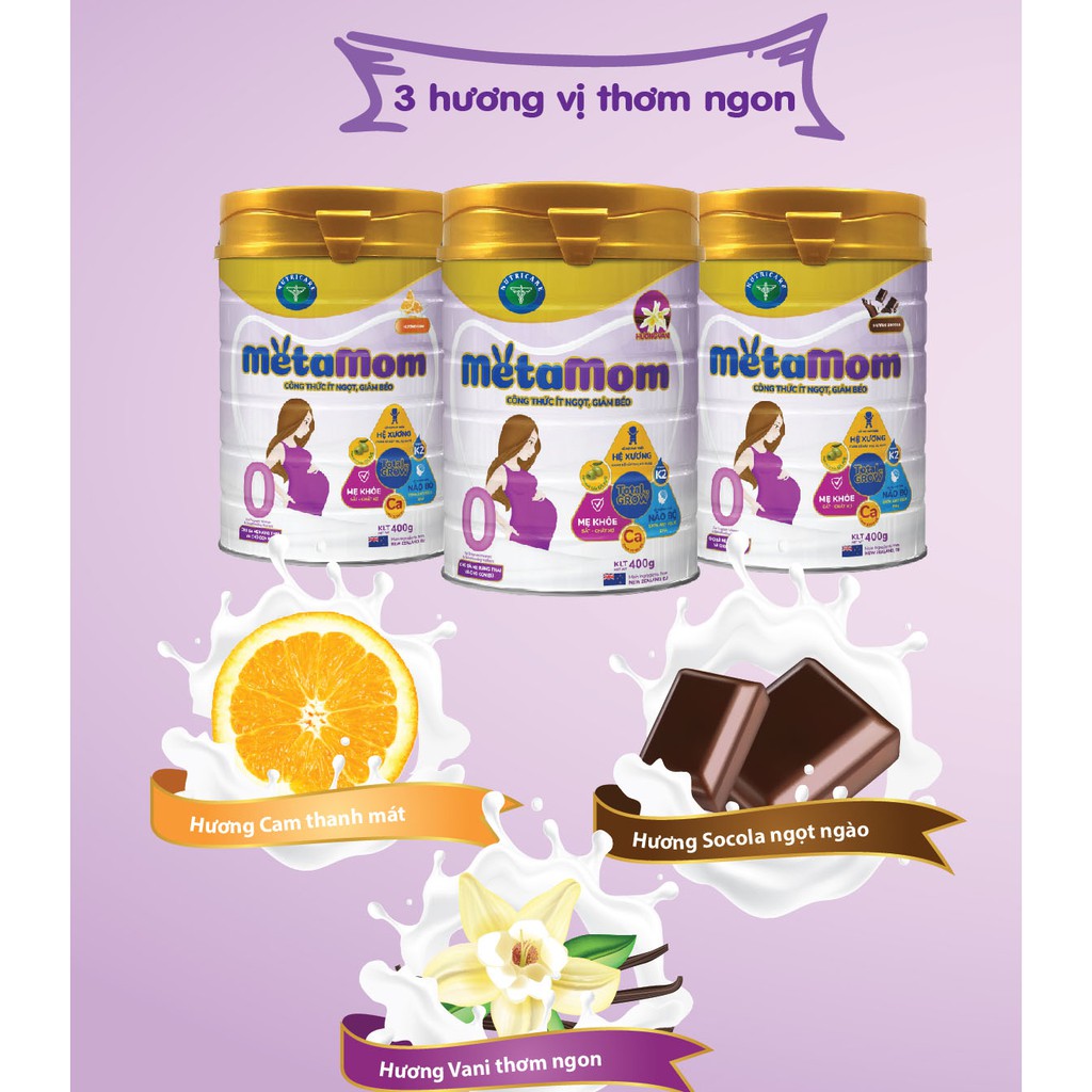 Sữa bột Nutricare MetaMom (400g) cho phụ nữ mang thai và cho con bú (hương cam, vani, socola)