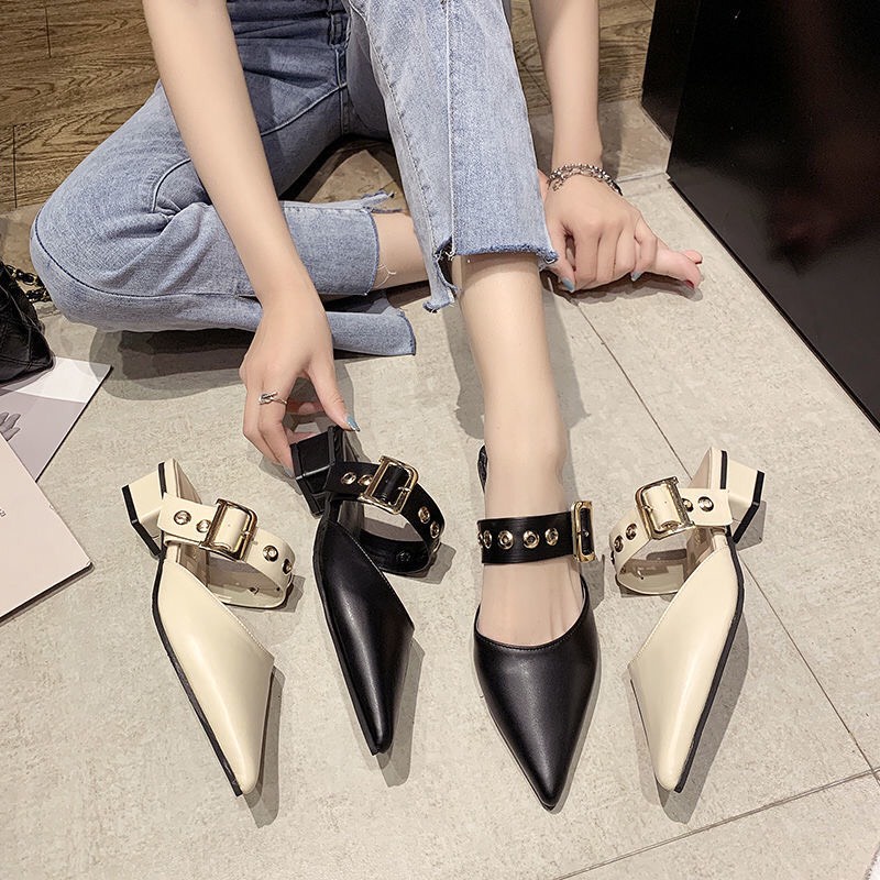 Giày sục nữ mũi nhọn da mềm khóa gài gót cao 3cm