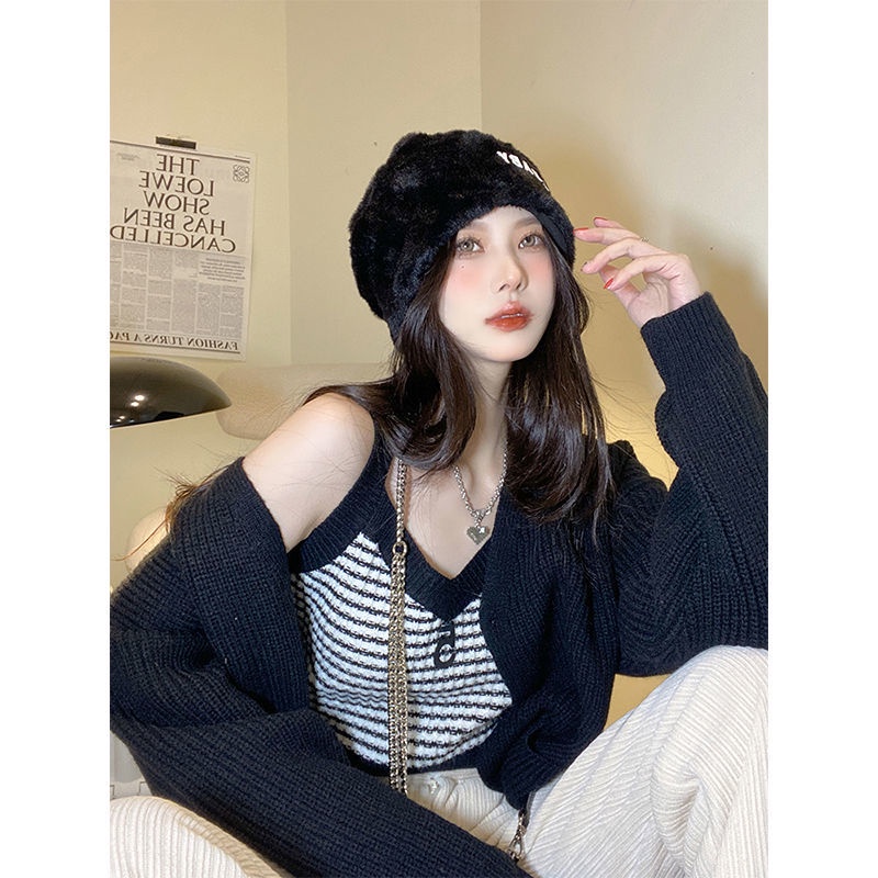 COZOK Set Áo Khoác Cardigan Dệt Kim + Áo Hai Dây Màu Sắc Tương Phản Thời Trang