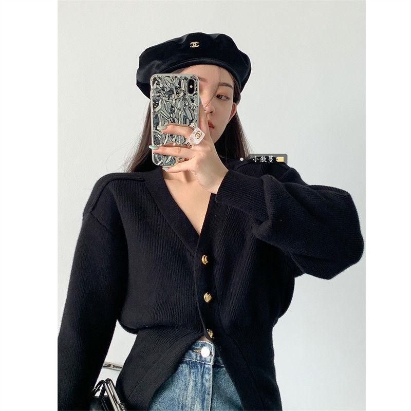 Áo khoác cardigan dệt kim tay dài cổ chữ V màu đen phong cách Hàn Quốc