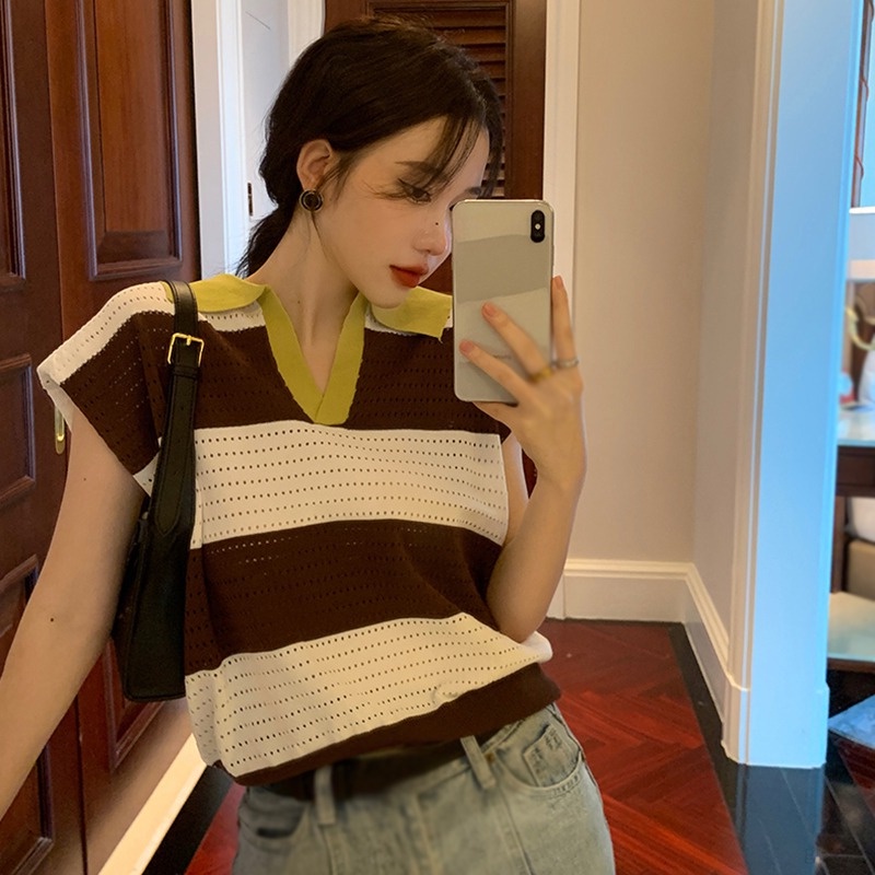 Áo Thun Dệt Kim Sát Nách Dáng Rộng Kẻ Sọc Thời Trang Mùa Hè Hàn Quốc Cho Nữ