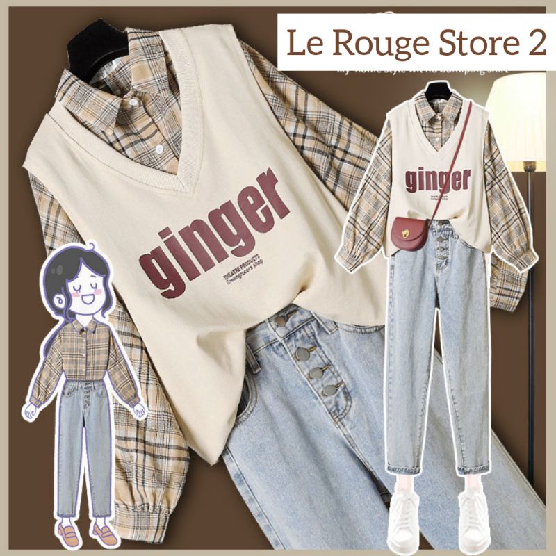 Set trang phục học sinh Hàn áo sơ mi kẻ + áo gile thun + quần jean phong cách năng động