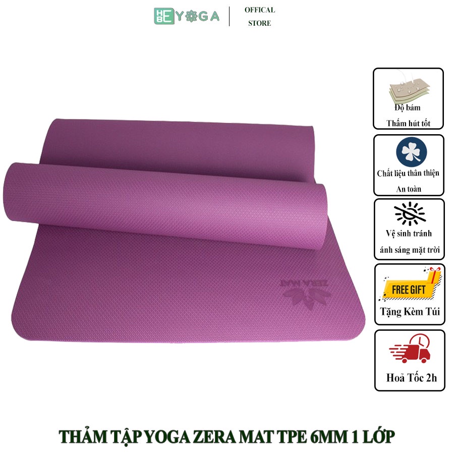 Thảm Tập Yoga TPE Zera Mat 6mm 1 Lớp màu Tím (Tặng kèm túi)