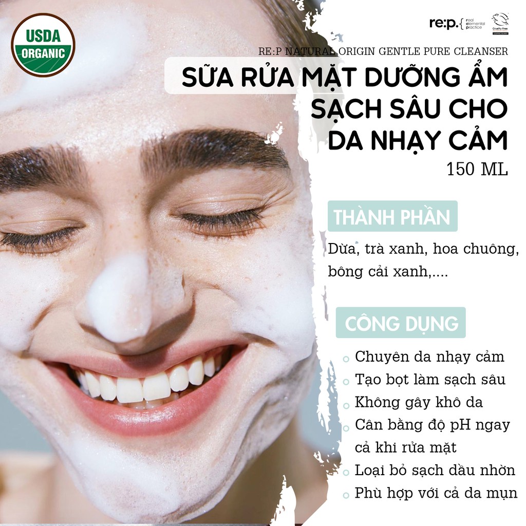 Sữa Rửa Mặt RE:P Thảo Mộc Organic Tự Nhiên Cấp Ẩm Sạch Sâu RE:P NATURAL ORIGIN GENTLE PURE CLEANSER  150ML