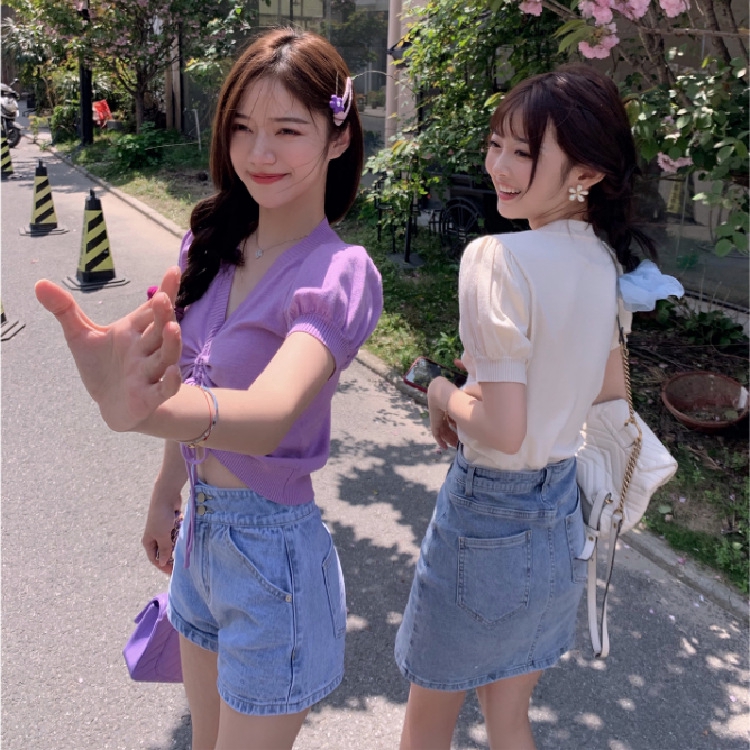 IELGY   Áo Croptop Dệt Kim Tay Phồng Ngắn Dáng Rộng Phối Dây Rút Cá Tính