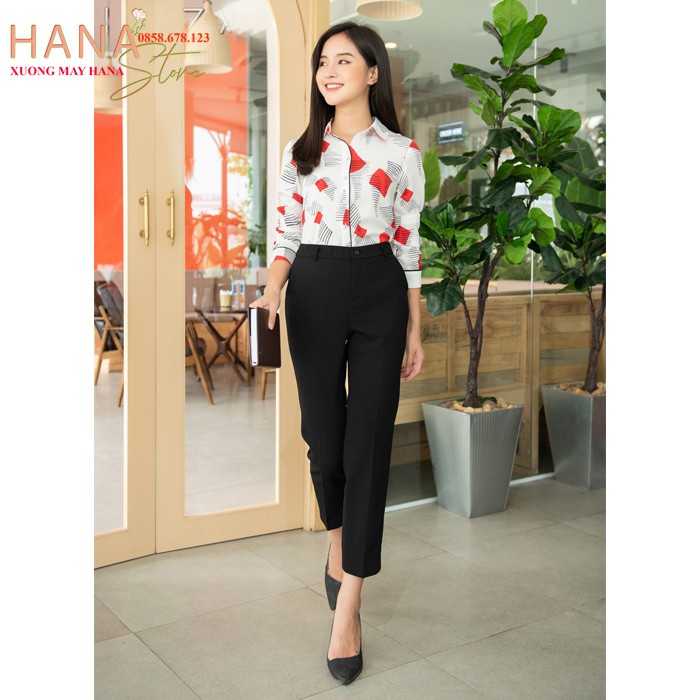 Quần tây đen công sở dài 95cm chùm mắt cá chân - Cạp lưng cao ngang rốn có đai - Vải tuyết mưa - Mặc đi làm công sở học