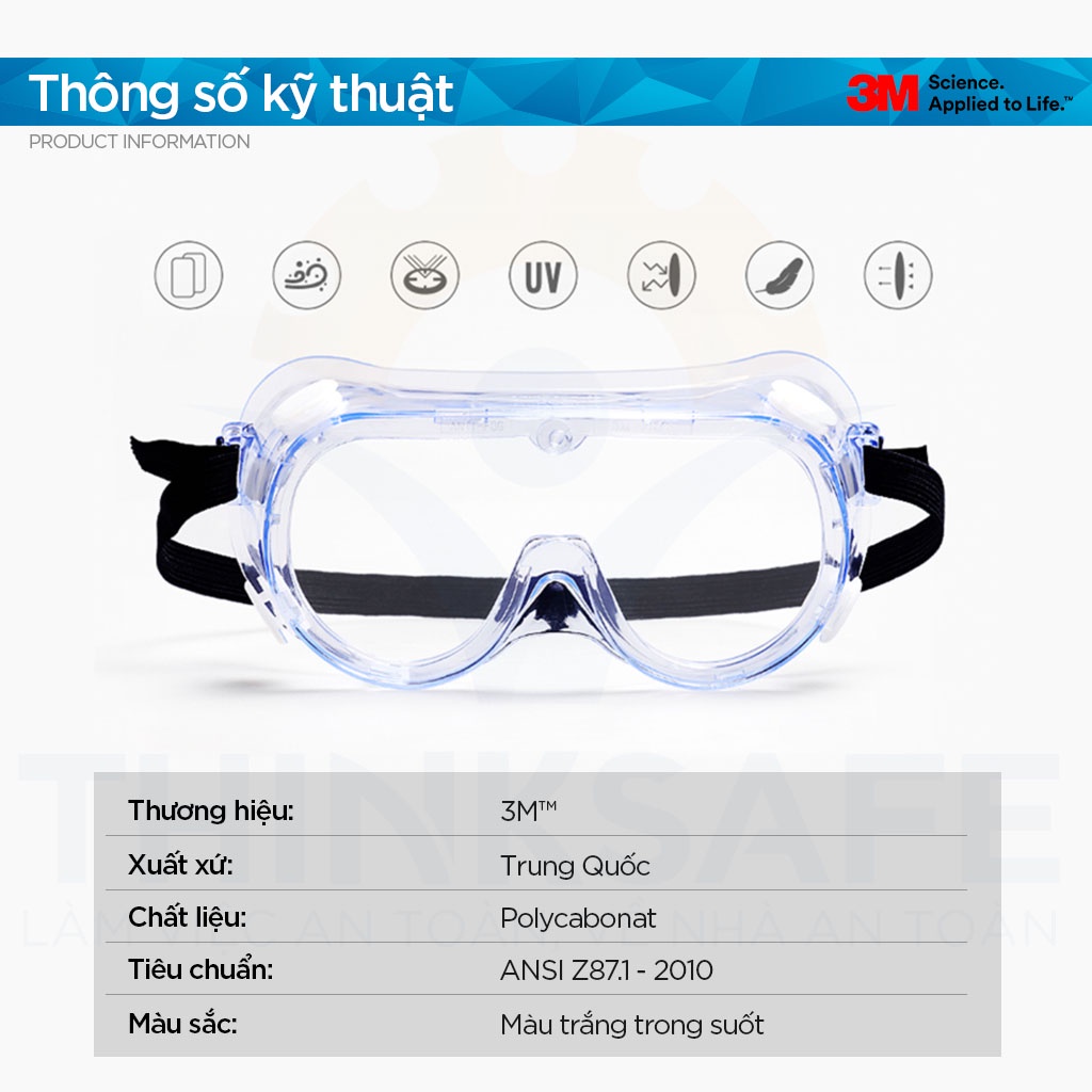 Kính chống hóa chất 3M 334 chống văng bắn hoá chất, bụi, chống tia UV, chống đọng sương