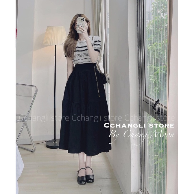 SÉT ÁO LEN SỌC MIX CHÂN VÁY TẦNG QC