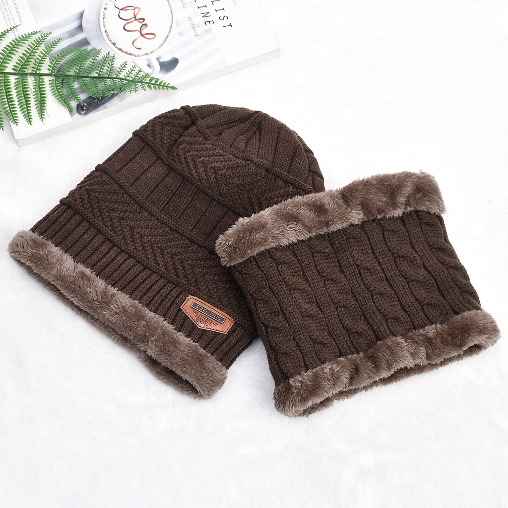 Mũ Beanie Kiêm Khăn Choàng Cổ Dệt Kim Giữ Ấm Mùa Đông Cho Nam Nữ