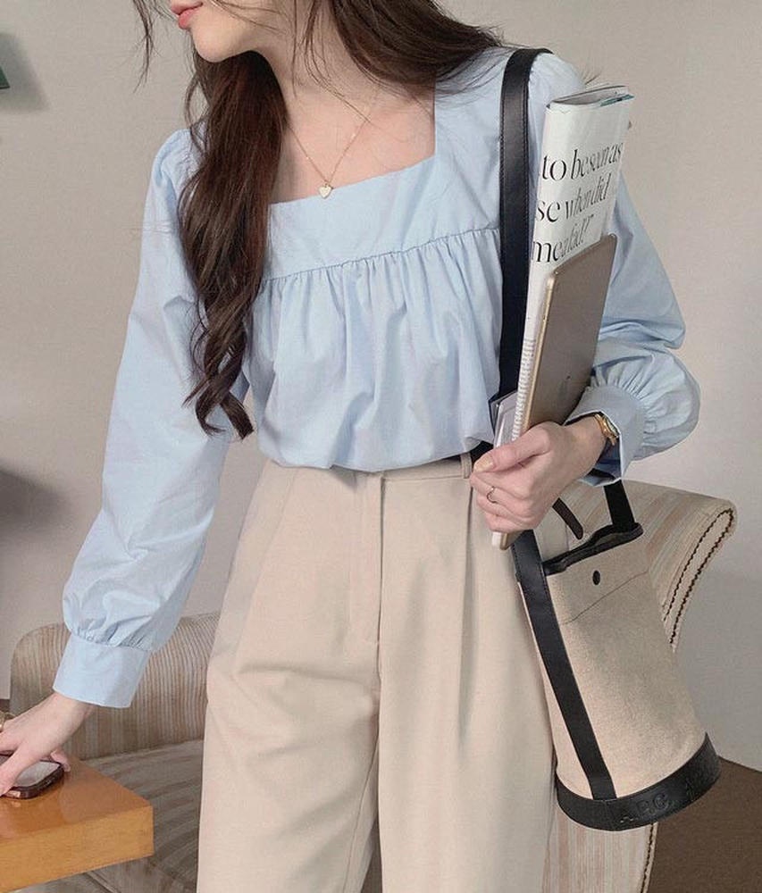 Áo Sơ Mi Nữ Tay Dài Cổ Vuông Màu Xanh Dương Dễ Phối Đồ Thời Trang 49734