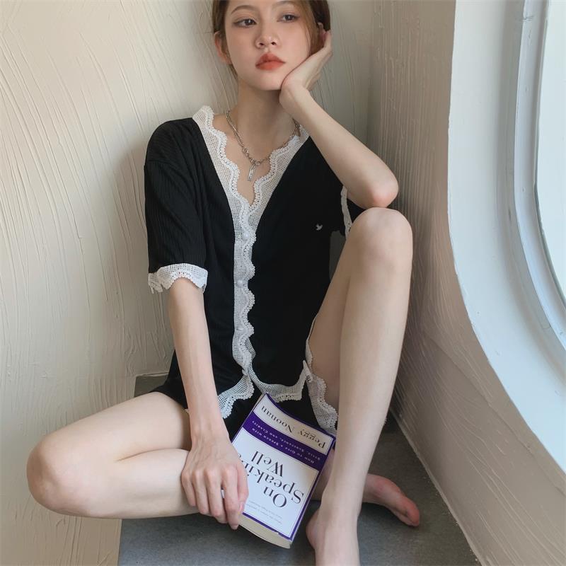 Bộ đồ ngủ tay ngắn cổ chữ v phối ren màu sắc thời trang phong cách Nhật Bản